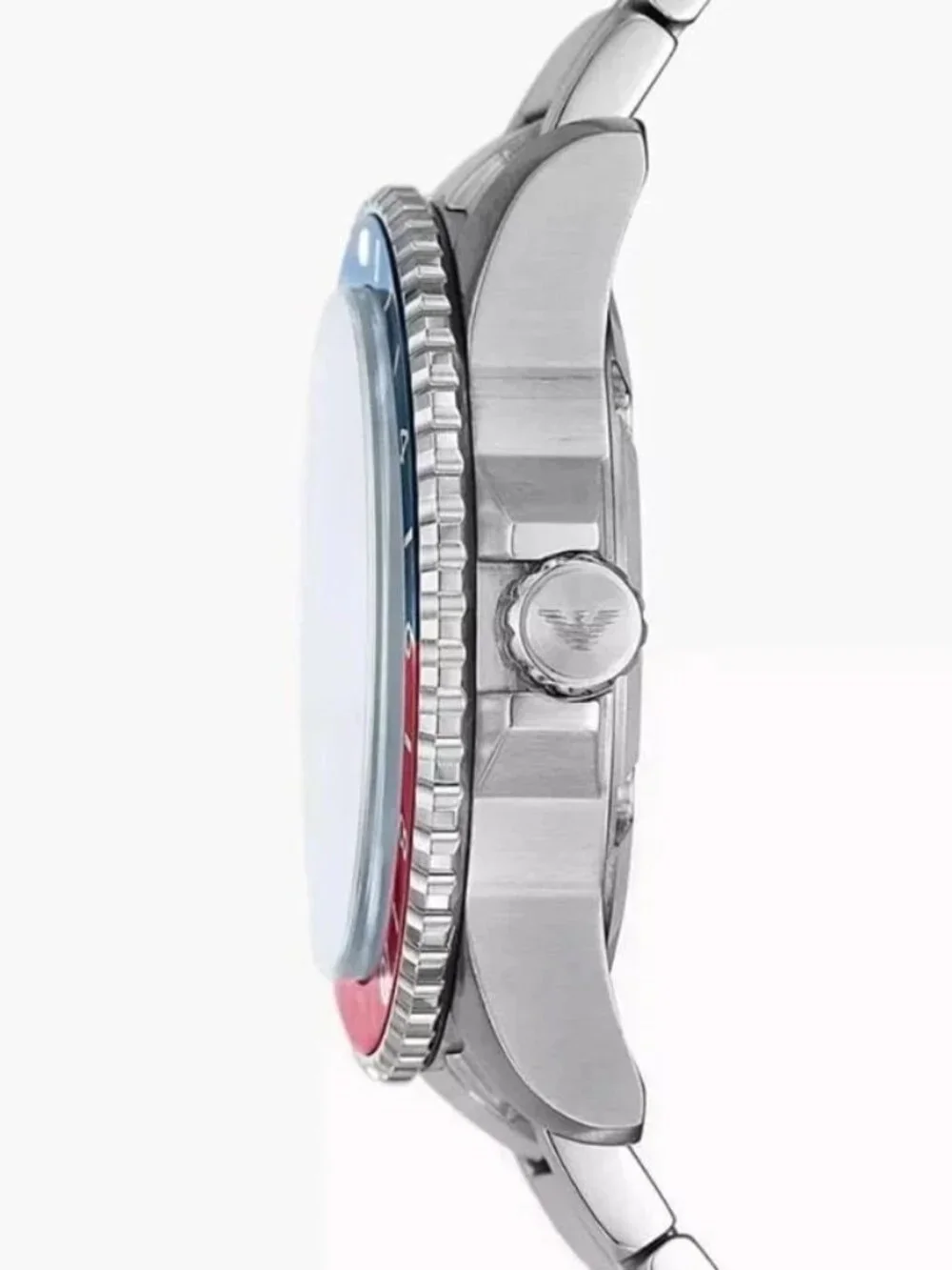 Emporio Armani AR11590 Mens GMT Watch Blue Red Bezel Stainless Steel Bracelet
